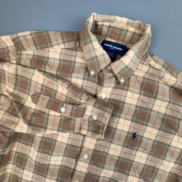 Ralph Lauren Golf Tilden Plaid Button Down Shirt Men M Tan Cotton Preppy - Picture 1 of 9